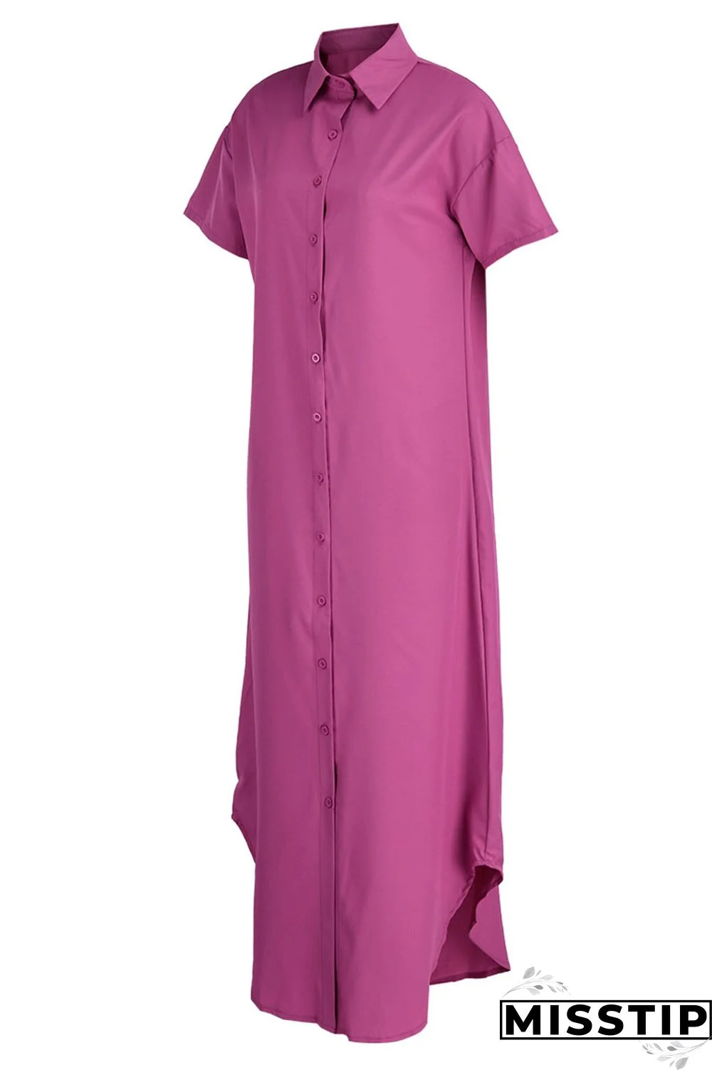 Rose Red Casual Solid Patchwork Buckle Turndown Collar Shirt Dress Dresses