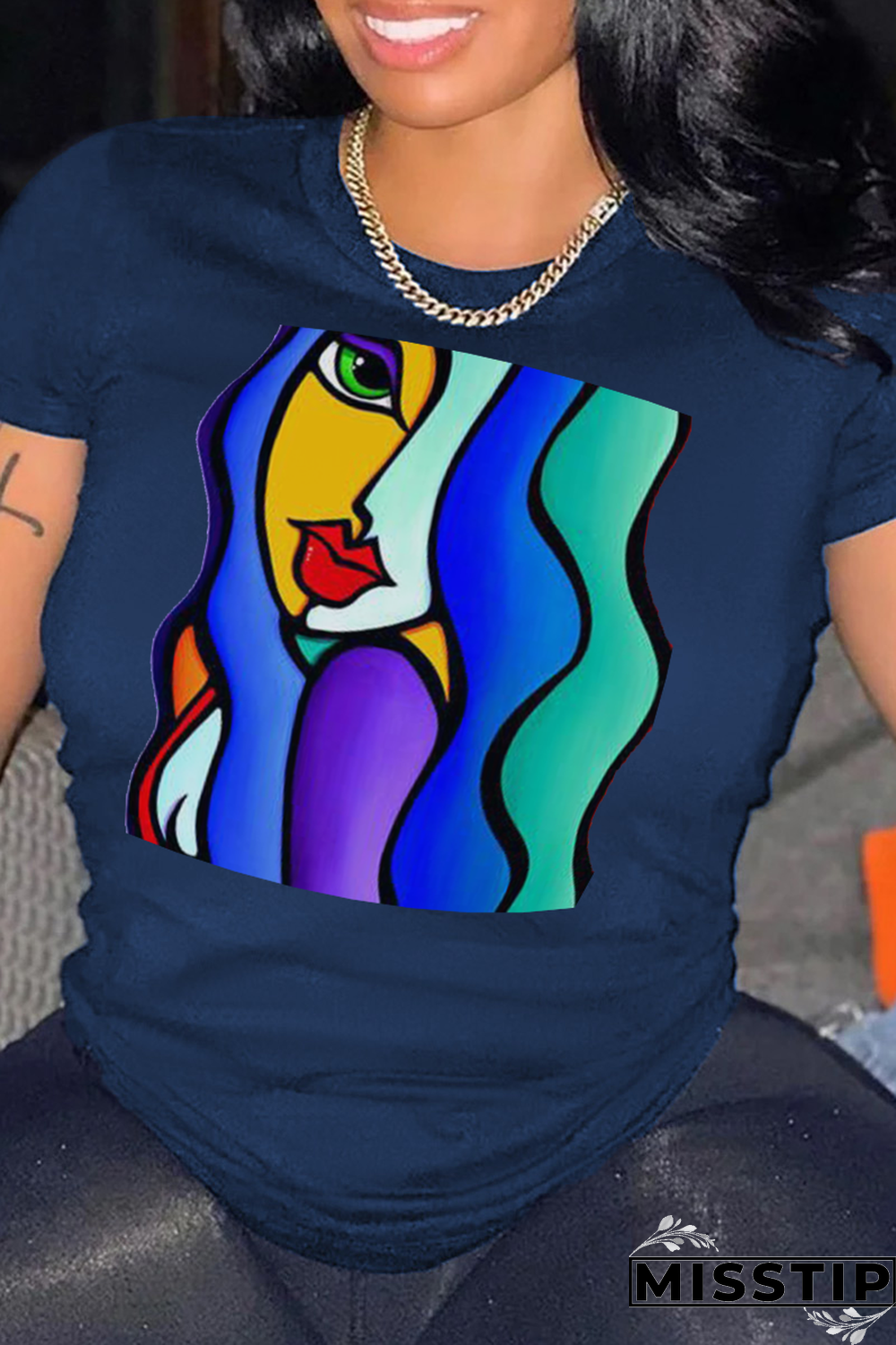 White Street Print Patchwork O Neck T-Shirts