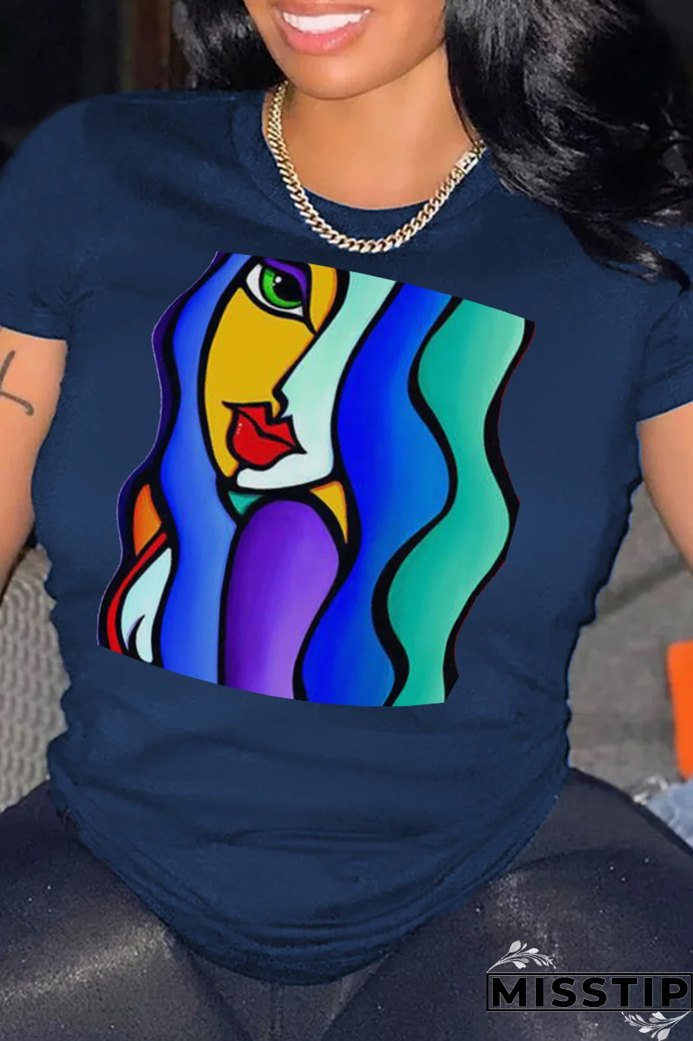 White Street Print Patchwork O Neck T-Shirts