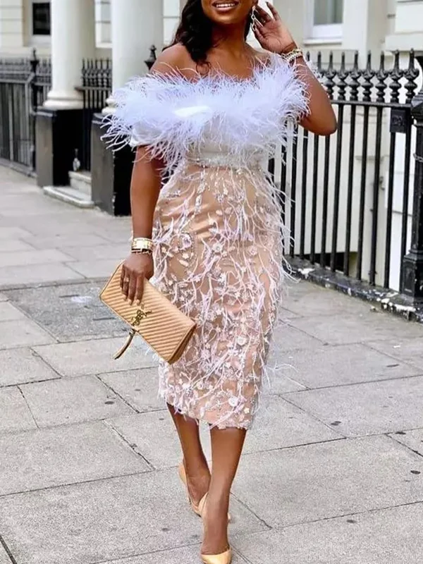 Off-The-Shoulder Jacquard Split-Joint Feathers Wrap Evening Midi Dress
