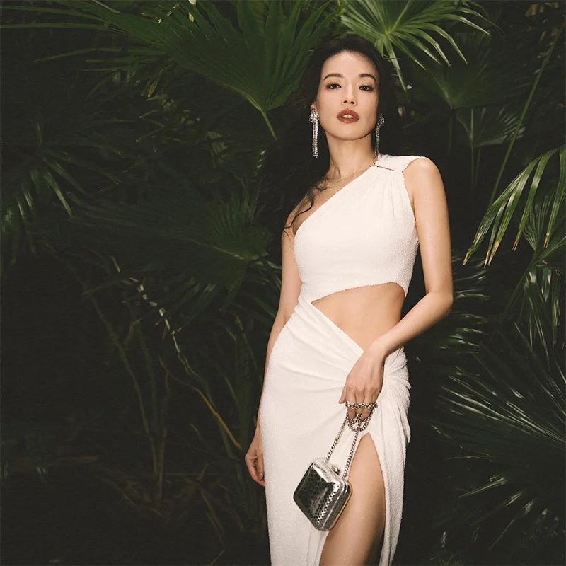 Uveng Uveng Ins Spring Burst Sexy Hot Girl Oblique Shoulder Fake Two Slim Hollow High Waist Slit Dress