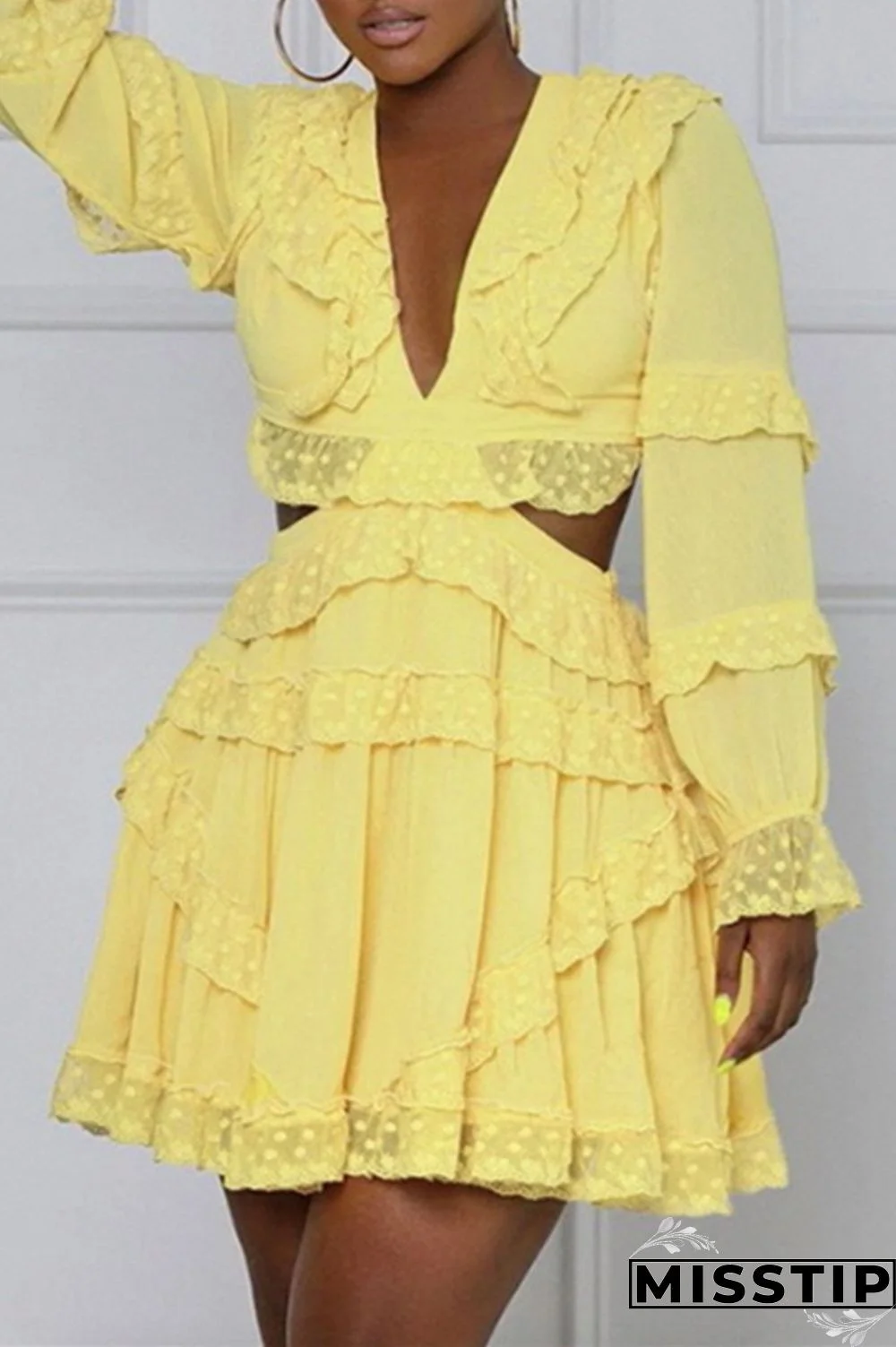 Yellow Fashion Sexy Solid Hollowed Out V Neck Long Sleeve Dresses