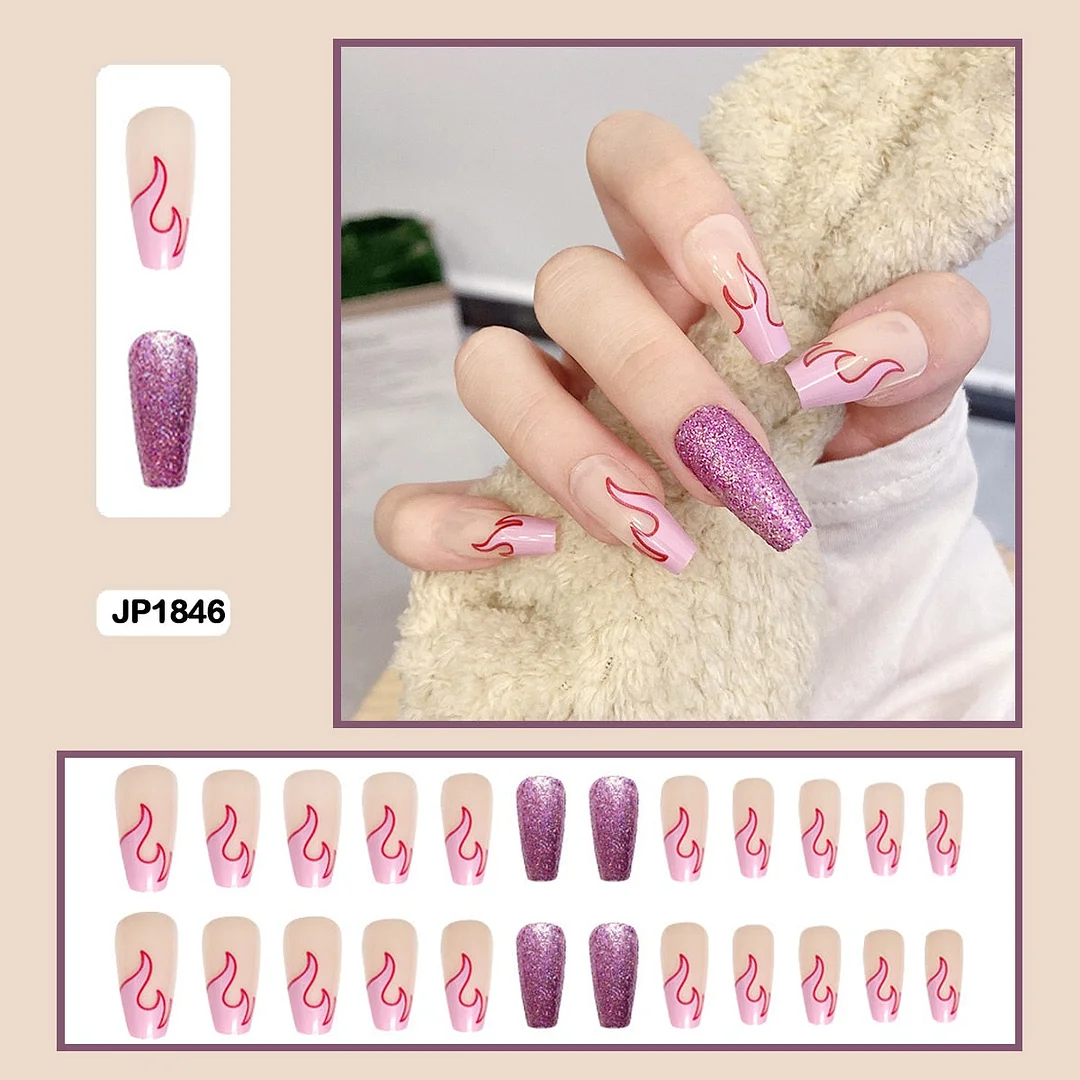 24PCS False Nails with Glue Rhinestones Long Detachable Fire Stick on Nails Coffin Flame Press on Nails Art DIY Manicure Tool-Nail Inspo