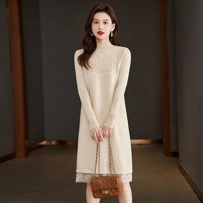 Ueong Collar Long-Sleeved Knitted Dress Women's Autumn And Winter Coat With Sweater 2024 Red Bottomed Medium-Length Dress