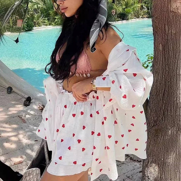Fashion Heart Printed Shirt and Shorts Set