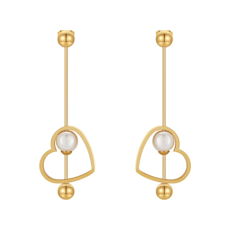 18K Gold Titanium Steel Heart-shaped Peach Heart Pearl Earrings
