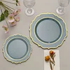 10 Pack | 8" Dusty Blue Plastic Dessert Salad Plates, Disposable Tableware Round With Gold Scalloped Rim