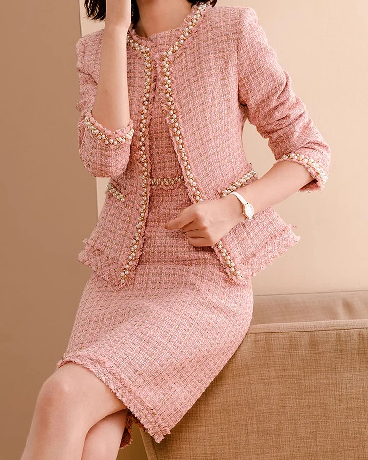 Elegant Tweed Jacket And Dress Two-Piece Set