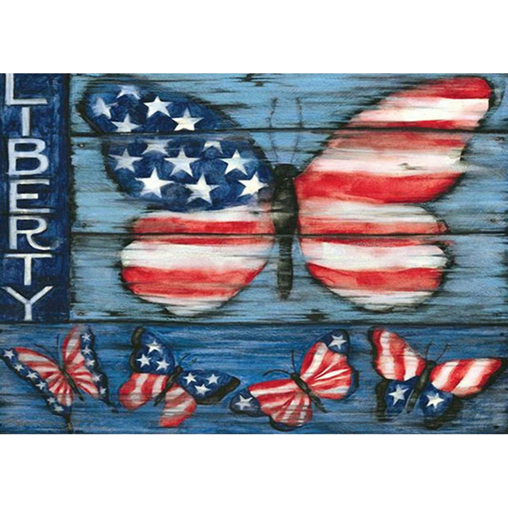 

40*30CM - US Flag Butterflies - Round Drill Diamond Painting, 501 Original