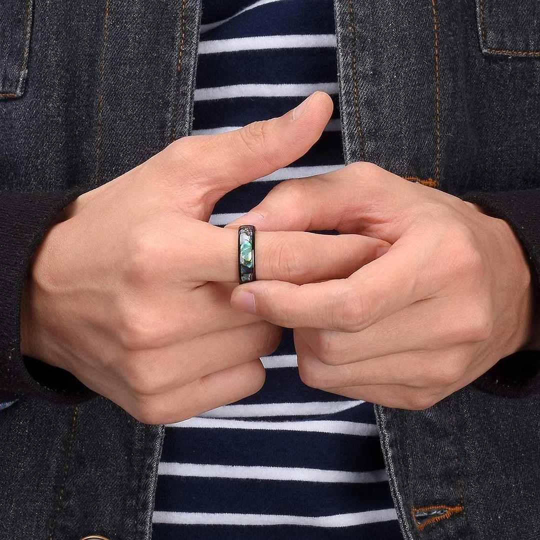 4mm 6mm 8mm Womens Mens Black Tungsten Carbide Abalone Shell Inlay Wedding Bands Polished Carbon Fiber