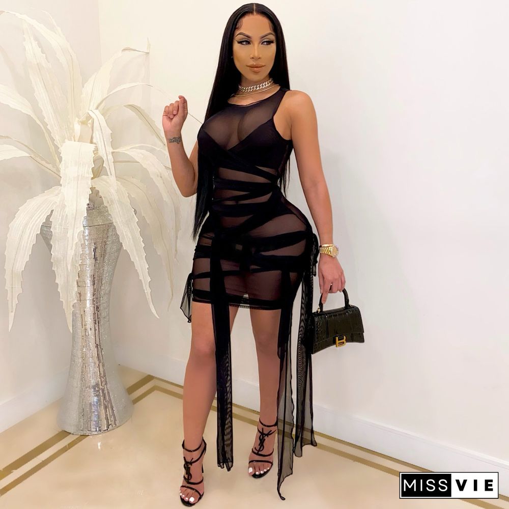 ANJAMANOR Sexy Mesh Bandage Dress Summer ClothesFor Women Birthday Party Club Outfits Bodycon Mini Dresses D12-BI30
