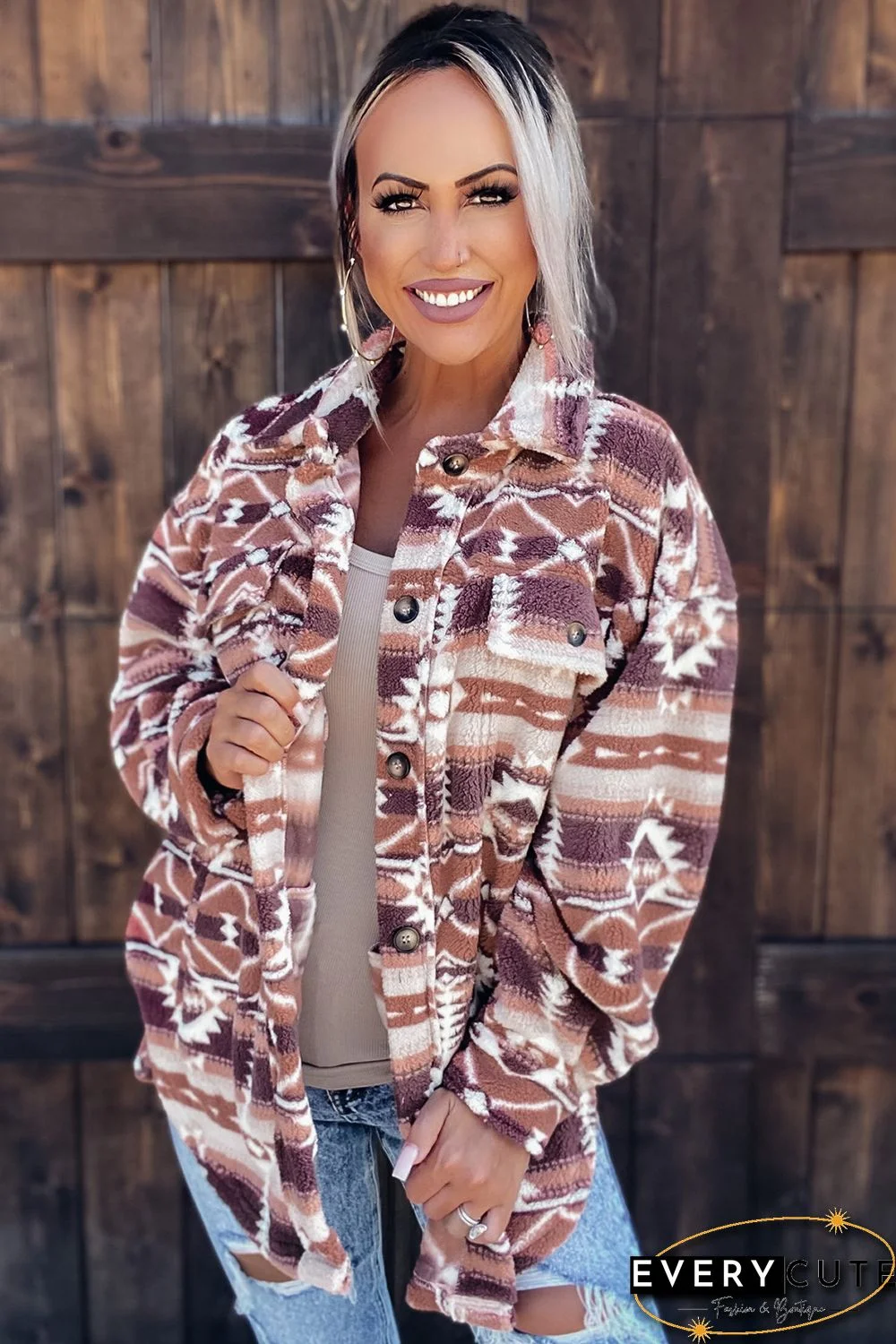 Pink Tribal Print Pocket Buttoned Sherpa Jacket