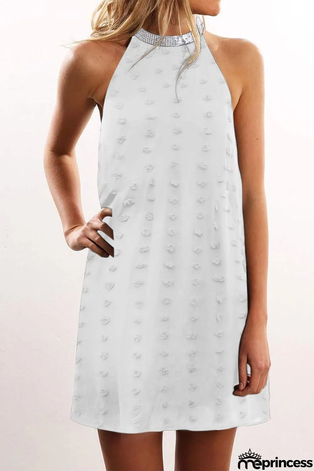 Pompom Mock Neck Sleeveless Shift Mini Dress