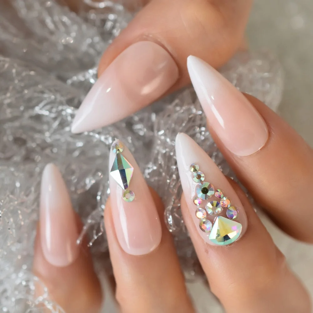 Luxury Fake Nails Designer Extra Long Ombre French Jewelry Pre-designed Nails Natural Stiletto AB Stones Decoration Tips-Nail Inspo