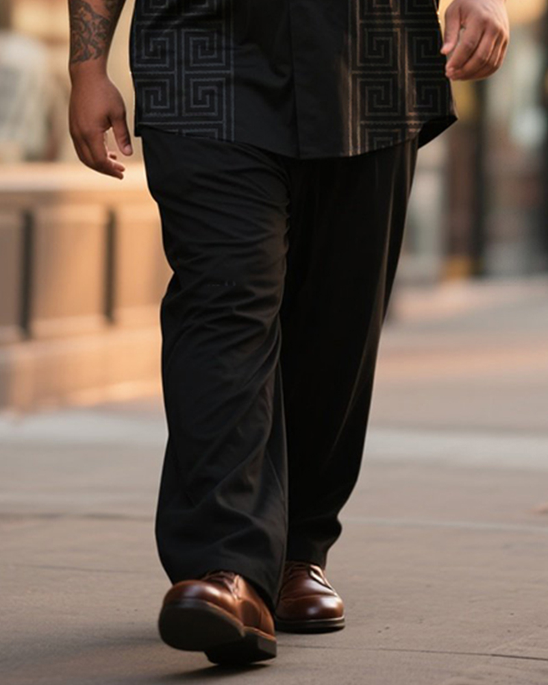 Big & Tall Men's Business Black Print Long Sleeve Shirt Trousers Suit