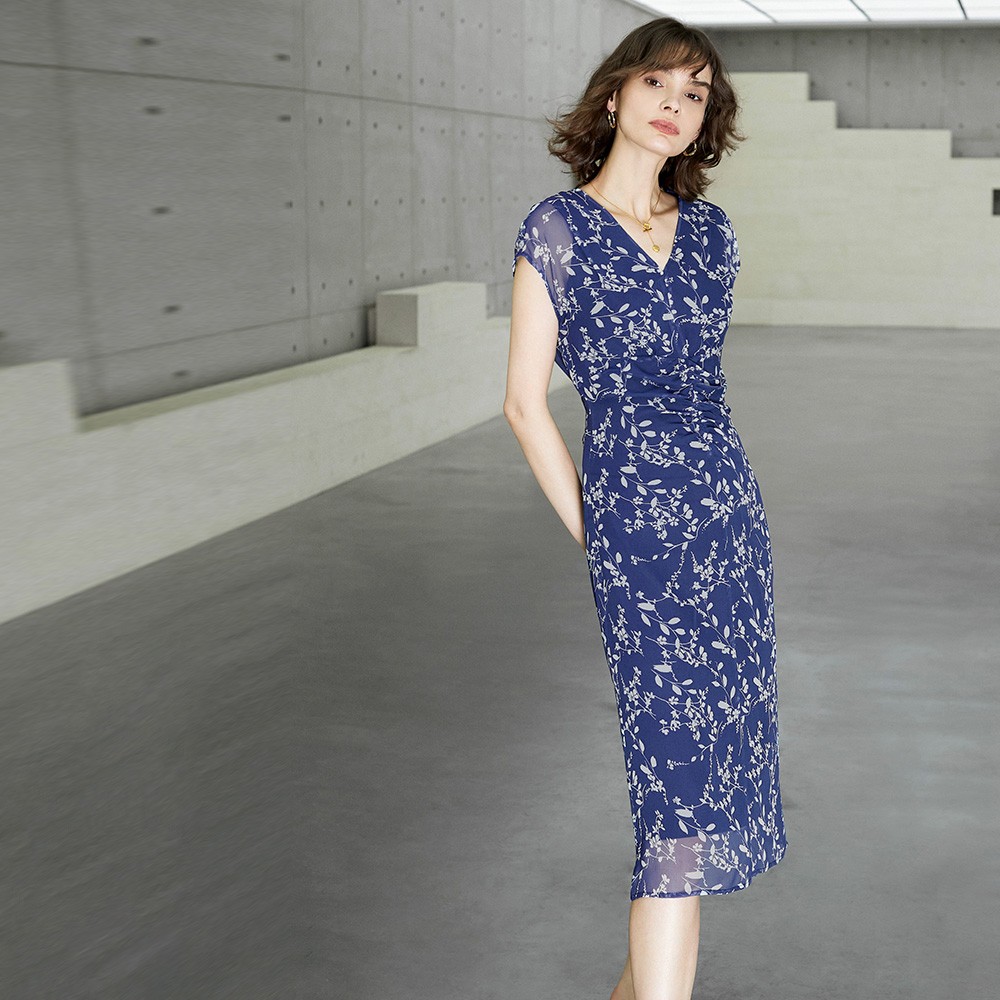 Sxswairlines Ele Slimming Floral Print Midi Dr ort Sve V-Ne Commute Sle Polyester Fiber Summer New Arrival Women's Dr