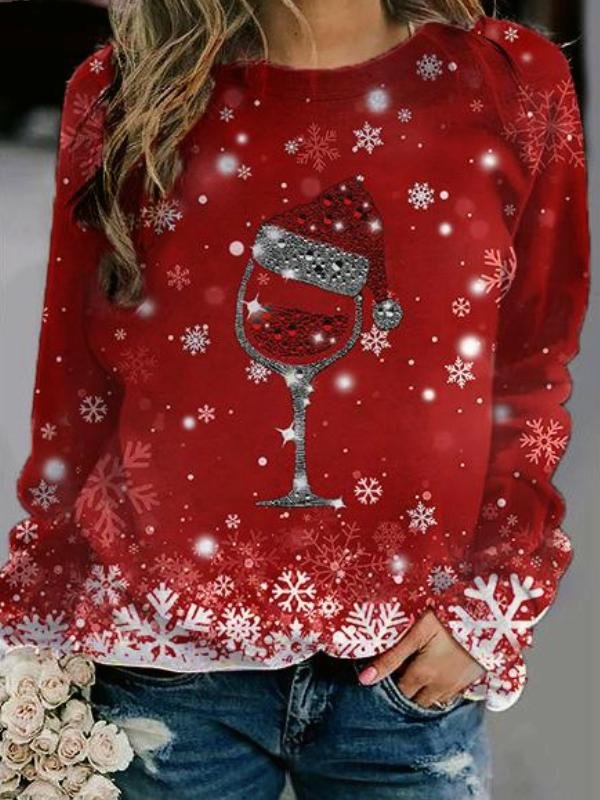 Women's Christmas Red Wine Glass Printed Sweatshirt