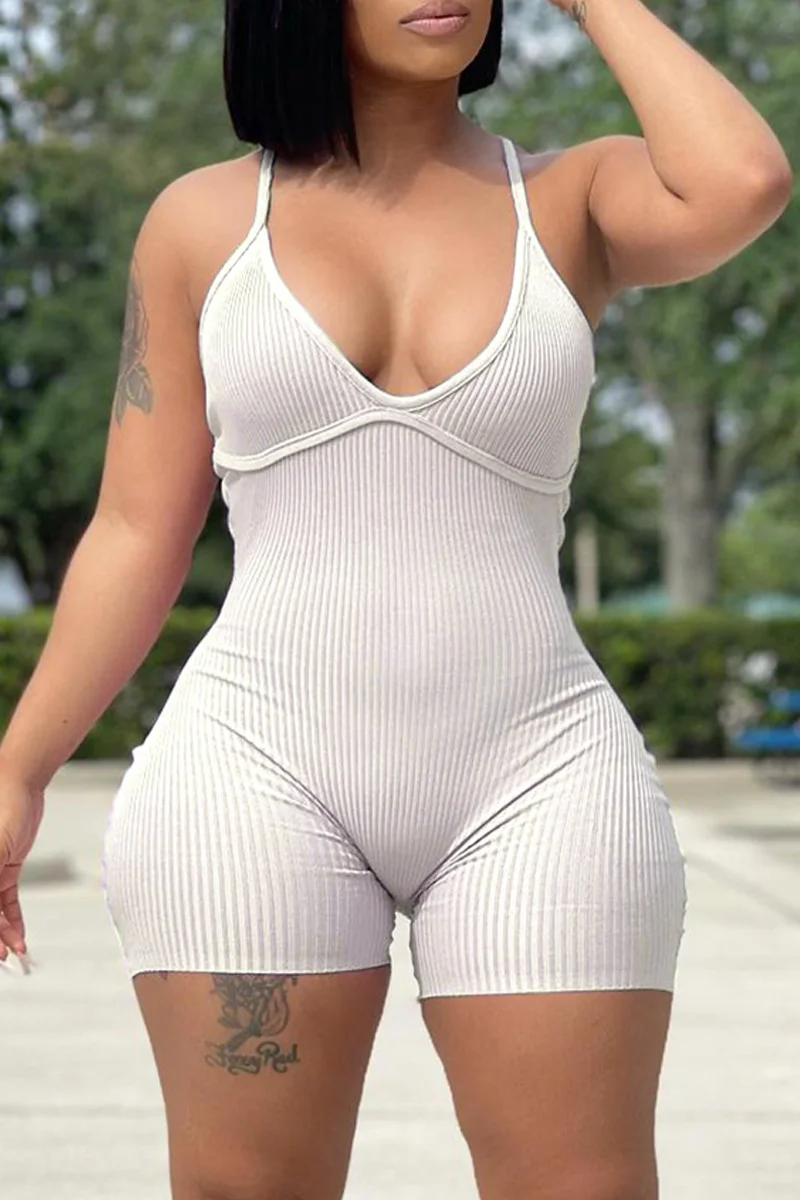 White Sexy Casual Solid Backless Spaghetti Strap Skinny Romper | EGEMISS