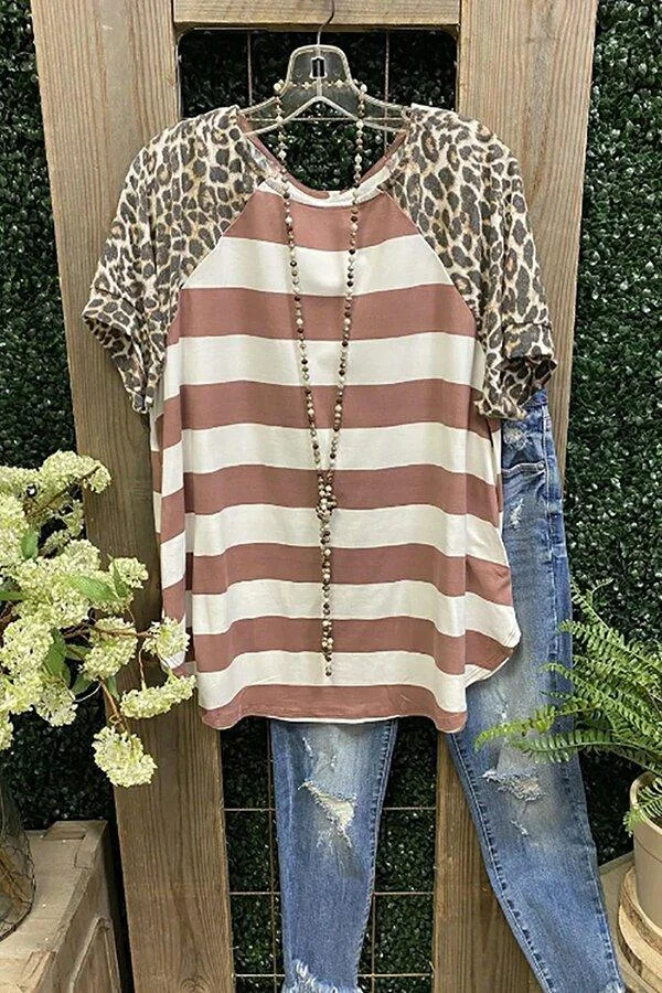 Leopard Patch Striped T-shirt-Mayoulove