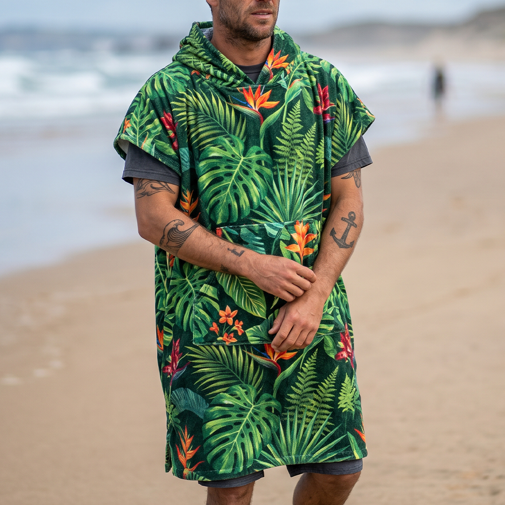 thesupersurf Tropical Print Hooded Towel Robe, Soft Cotton Terry Cloth Beach Wrap With Pocket, Lightweight And Quick-Drying For Summer Travel And Surfing 