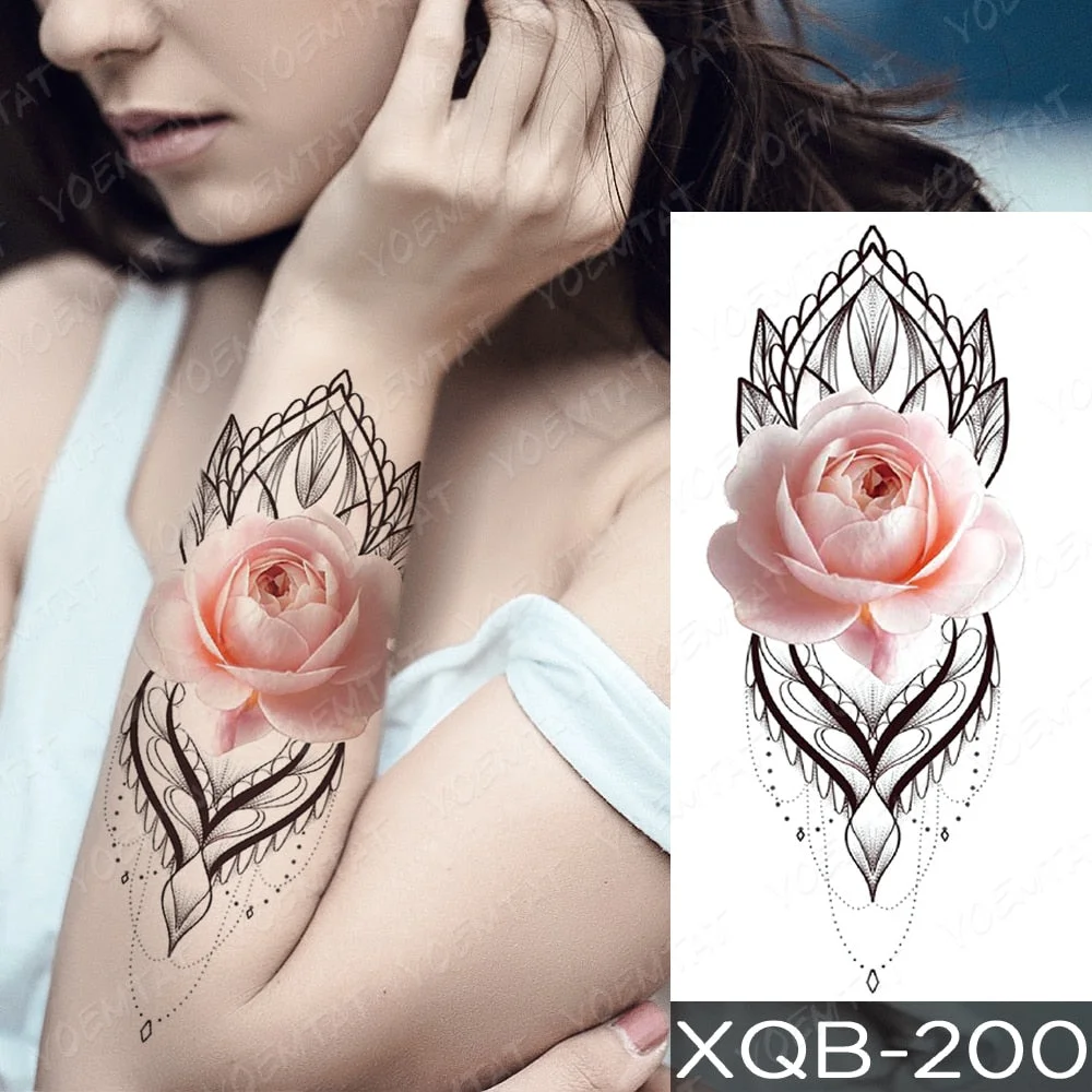 Waterproof Temporary Tattoo Sticker 3D Rose Lace Peony Tattoos Line Pink Flowers Bird Body Art Arm Fake Sleeve Tatoo Women Men