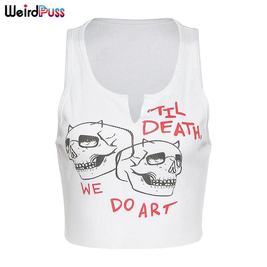 Weird Puss 2021 Cyber Y2k Women Ribbed Graphic Tank Tops Fitness Sporty Sleeveless Vest Casual Streetwear Activity Slim Crop Top