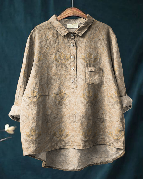Retro Ethnic Print Casual Cotton and Linen Long-sleeved Shirt