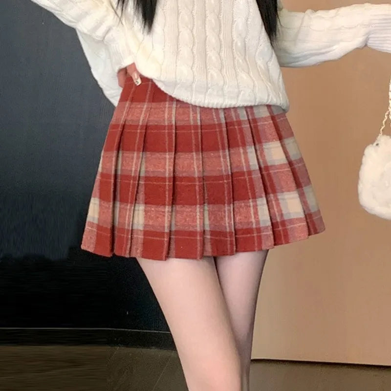 Aiertu Preppy Style Winter Plaid Vintage Pleated Mini Wool Skirt For Women High Waist Thicken Casual School Cute Short Skirt Female Aiertu