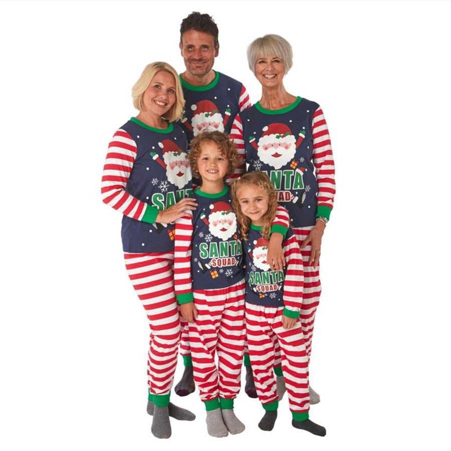Christmas Family Matching Sleepwear Pajamas Sets Dark Blue Santa Claus Snow Top and Stripe Pants-Pajamasbuy