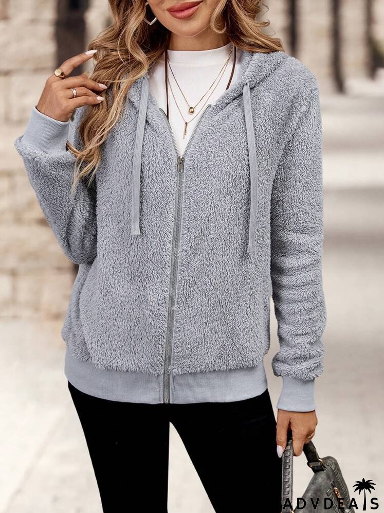 Casual Solid Color Fuzzy Drawstring Hoodie, Autumn & Winter