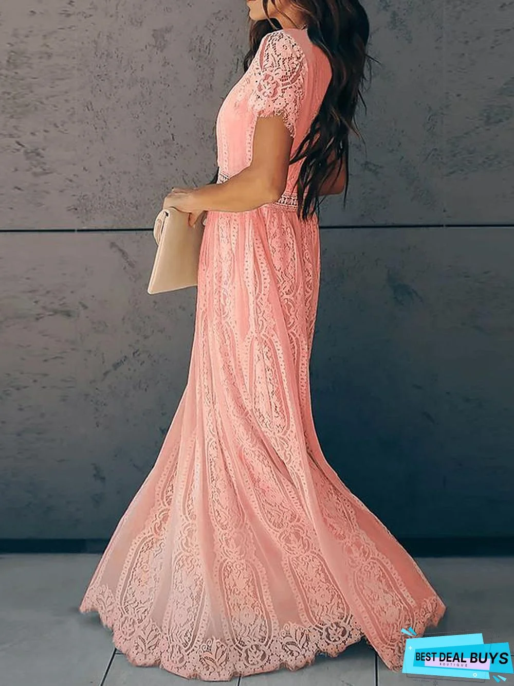 Women's Swing Dress Maxi long Dress Short Sleeve Solid Color Tassel Fringe Lace Summer Hot Vintage Blushing Pink