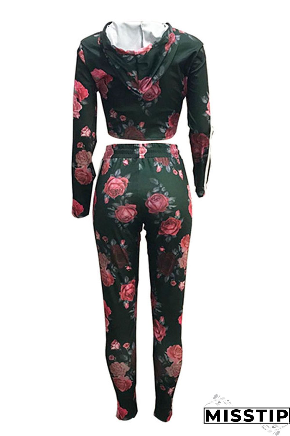 Green Casual Hooded Collar Floral Printed Knitting Two-piece Pants Set (Batch Print)