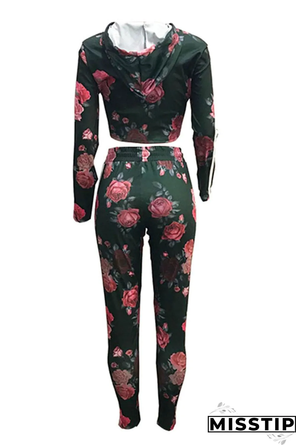 Green Casual Hooded Collar Floral Printed Knitting Two-piece Pants Set (Batch Print)
