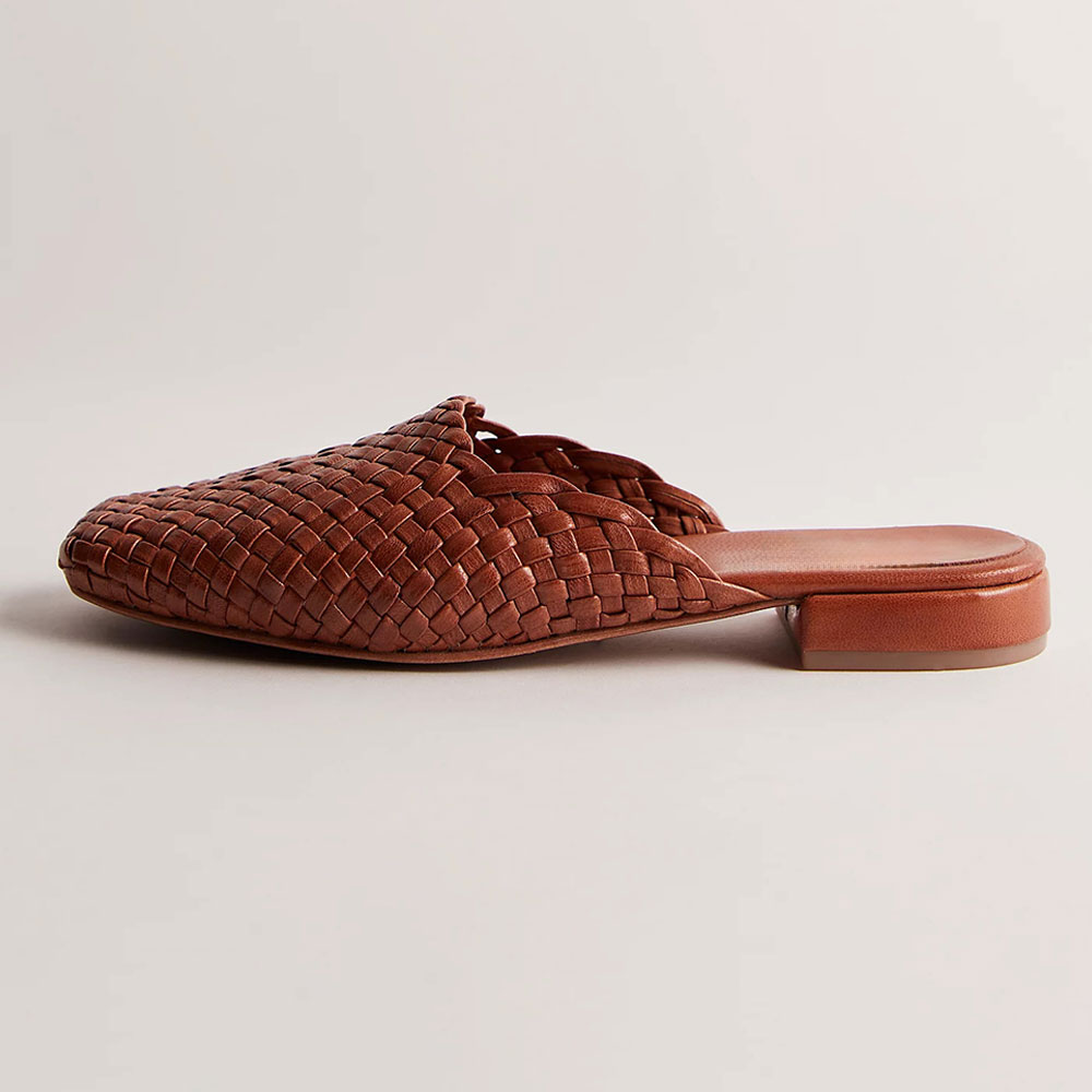 Brown Vegan Leather Square-Toe Woven Slip-On Lady's Formal Flats Nicepairs