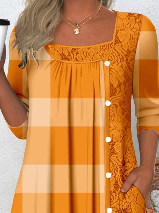 Women's Long Sleeve Scoop Neck Graphic Lace Buttons Top