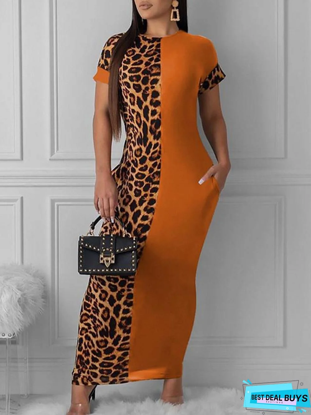 Women's Sheath Dress Maxi Long Dress Short Sleeve Leopard Black Orange Black Dresses