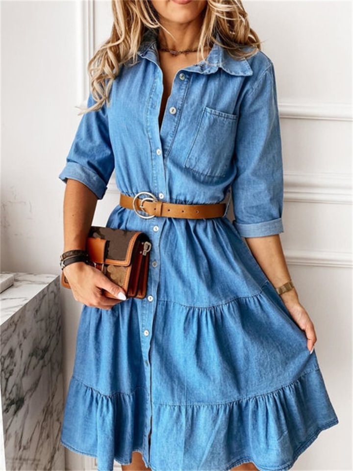 Denim Square Neck Patched Breasted Medium Length Dress | EGEMISS