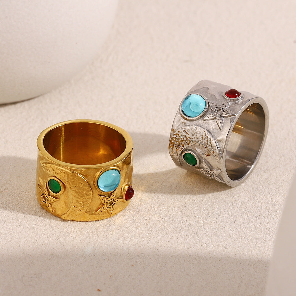 Hot Selling Retro Niche Ring Jewelry Stainless Steel Plated 18K Gold Relief Gem Tube Ring