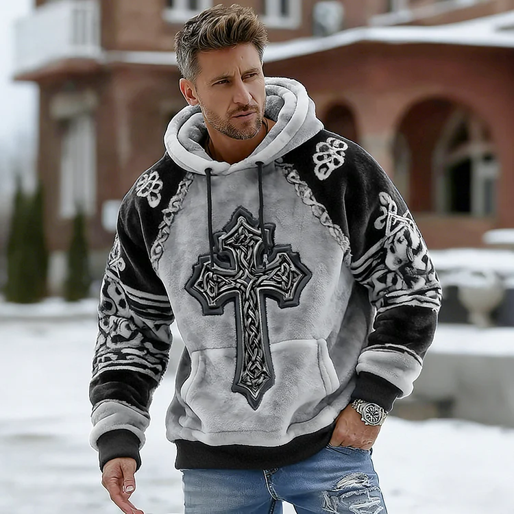 Men's Retro Celtic Knot Cross Pattern Comfortable Plush Hooded Sweatshirt