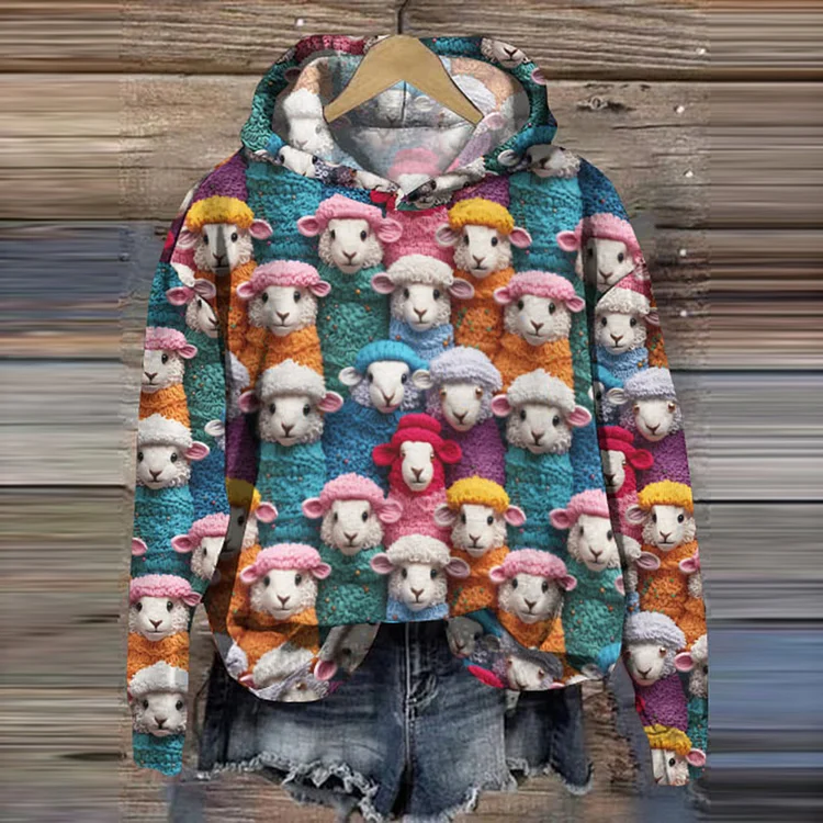 🔥kukelife🔥Sheep Print Long Sleeve Casual Hoodie