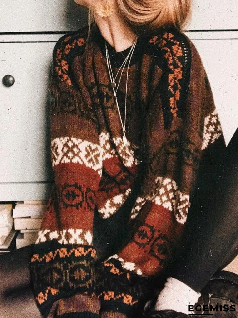 Boho Floral Knitted Shift Sweater | EGEMISS