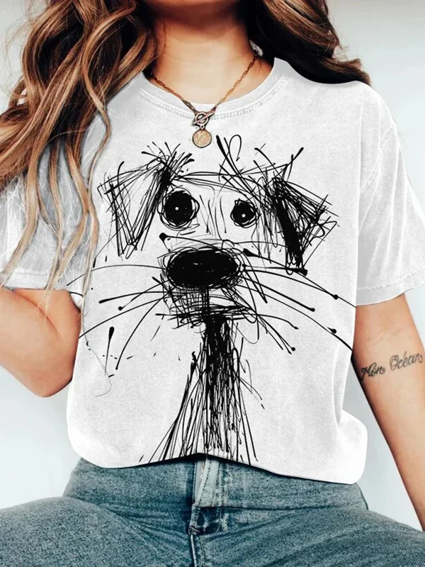 Women's Sketch Draw Scrawl Dogs Art Print Casual T-Shirt