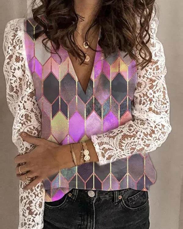 Lace Color Block V Neck Long Sleeves Elegant Blouses - Chicaggo