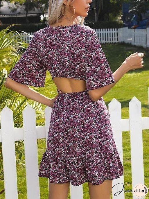 Floral V Neck Ruffled Cutout Backless Dress for Women