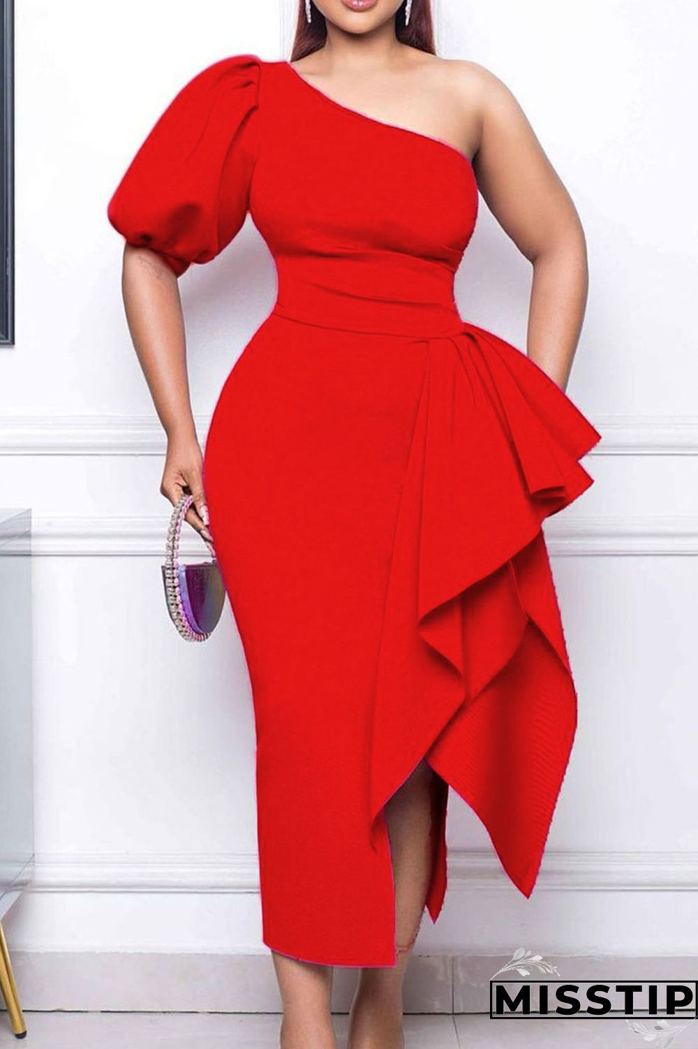 Red Elegant Solid Patchwork Flounce Asymmetrical Oblique Collar Evening Dress Dresses