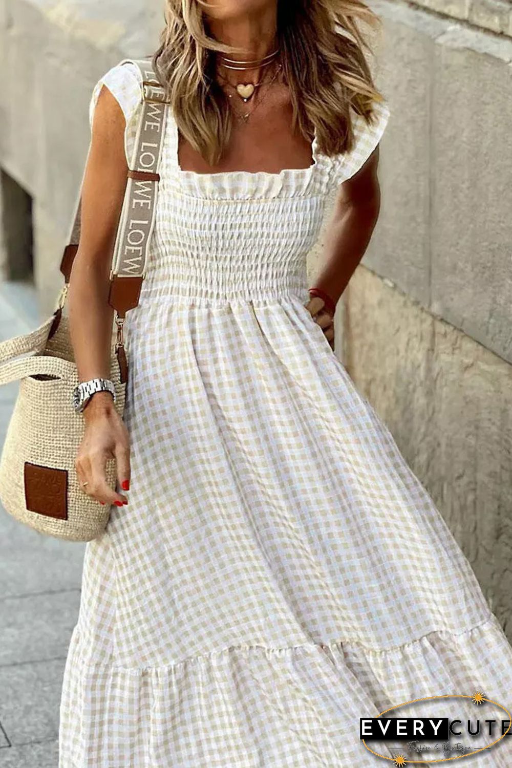 Khaki Plaid Ruffled Sleeve Smocked Maxi Dress