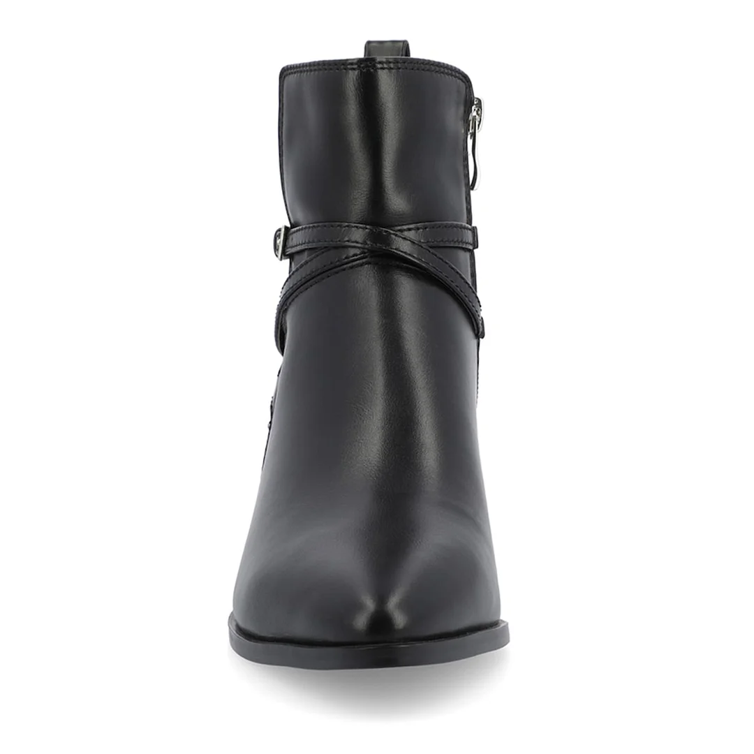 Vegan Leather Pointed Side-Zip Decorative Heel Black Ankle Boots