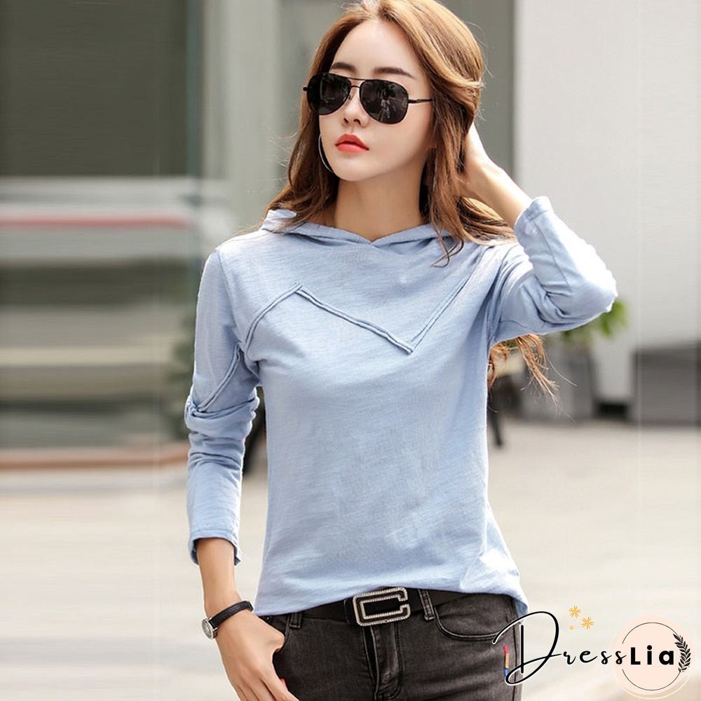 Long Sleeve Hooded T-shirt Bamboo Cotton Autumn Winter Tops New T Shirt Women Casual Patchwork Tee Shirt Femme White Black