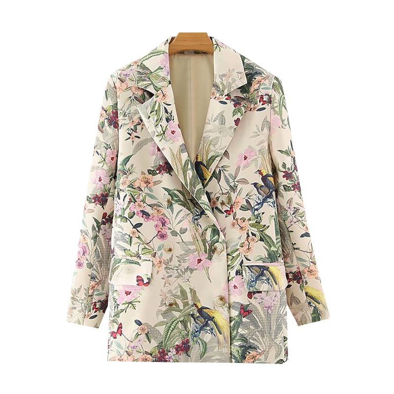TRAF Women Fashion Office Wear Floral Print Blazer Coat Vintage Long Sleeve Pockets Female Outerwear Chic Tops