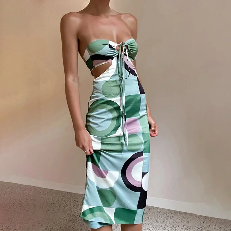 Abebey  2023 New Print Halter Hollow Out Dress Women  Sleeveless Backless Club Party Cutout Bandage Elegant Dresses Cloth